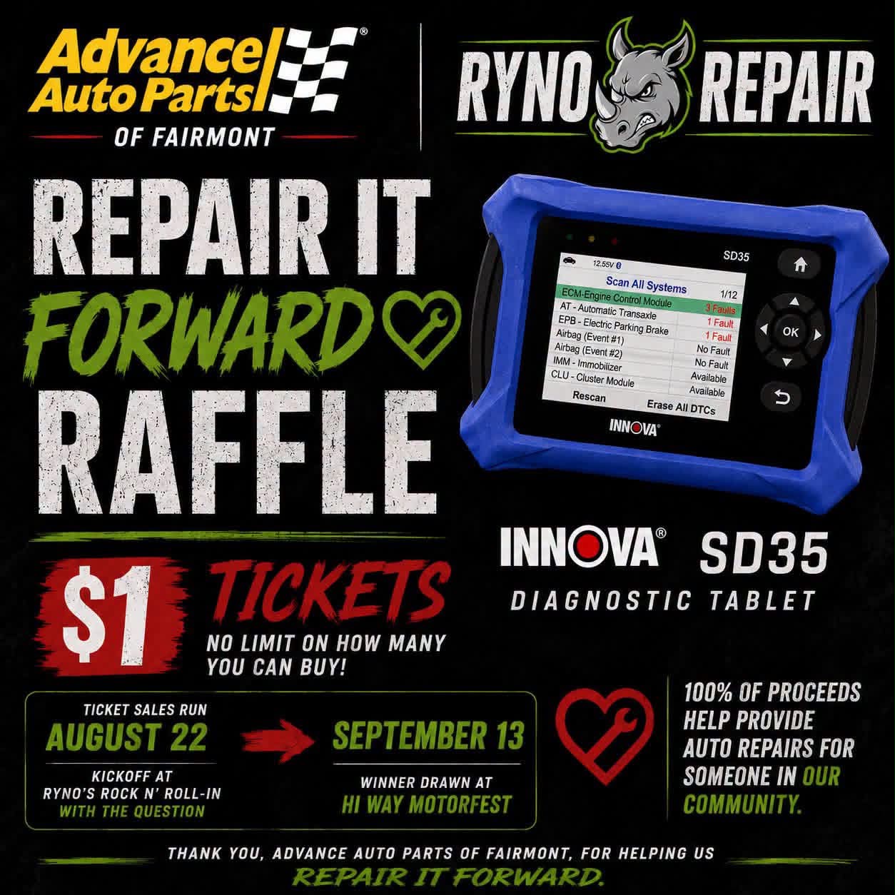 Repair It Forward raffle for an INNOVA SD35 Diagnostic Tablet
